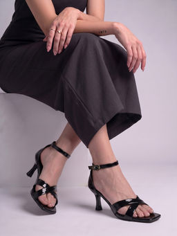 CHINRAAG - Women Solid Patent Finish Ankle Strap Stiletto Heels Black