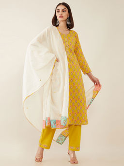 Soch - Mustard Cotton Unstitched Dress Material - 3 Meter Kurta Fabric