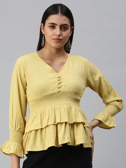 SHOWOFF - Women V-Neck Bell Sleeves Self Design Yellow Top
