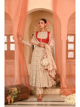 Baise Gaba - Beige Floral Printed Anarkali Kurta Pant with Koti and Dupatta (Set of 4)