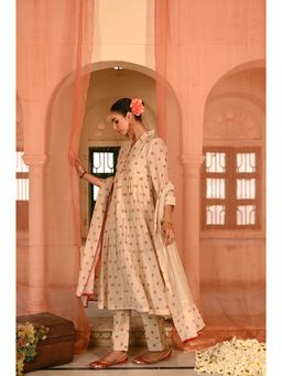Baise Gaba - Beige Jalmahal Floral Printed Anarkali Kurta with Pant and Dupatta (Set of 3)