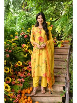 Mahee Jaipur - Yellow Utsav Floral Printed Muslin Kurta with Pant and Dupatta (Set of 3)