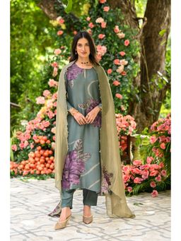 Mahee Jaipur - Teal Green with Purple Floral Print Kurta with Pant and Dupatta (Set of 3)