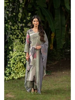 Mahee Jaipur - Green Floral Print Muslin Shimmer Kurta with Pant and Dupatta (Set of 3)