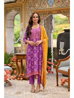 Mahee Jaipur - Purple and Yellow Bandhani Muslin Kurta with Pant and Dupatta (Set of 3)