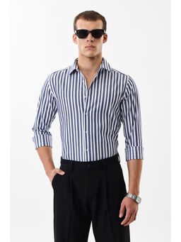 Snitch - Navy Blue Stripes Full Sleeves Slim Casual Shirt for Men