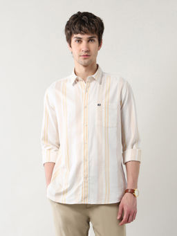 Arrow Sports - Men's Vertical Striped Herringbone Shirt-Beige