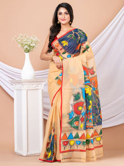 LAA CALCUTTA - Beige & Multi Hand Painted Resham Kota Saree without Blouse