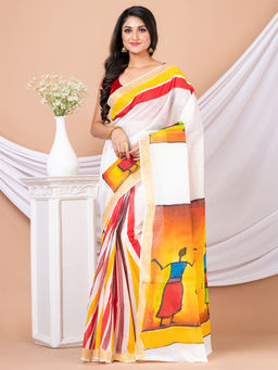 LAA CALCUTTA - White & Multi Hand Painted Kerala Cotton Saree without Blouse