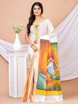 LAA CALCUTTA - White & Multi Hand Painted Kerala Cotton Saree without Blouse