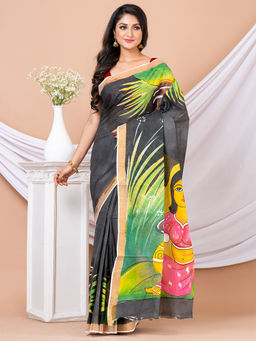 LAA CALCUTTA - Black & Multi Hand Painted Kerala Cotton Saree without Blouse