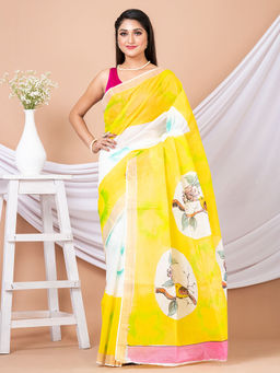 LAA CALCUTTA - White & Multi Hand Painted Kerala Cotton Saree without Blouse