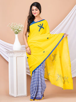 LAA CALCUTTA - Blue & Lime Applique Printed Cotton Saree without Blouse
