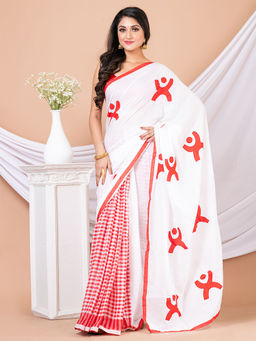 LAA CALCUTTA - Red & White Aplique Printed Cotton Saree without Blouse