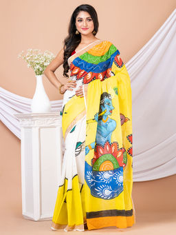 LAA CALCUTTA - White & Multi Hand Painted Kerala Cotton Saree without Blouse