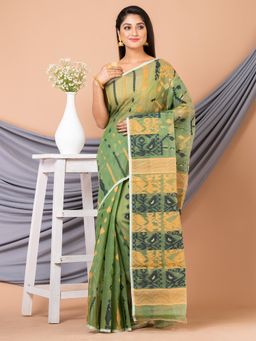 LAA CALCUTTA - Olive Green & Multi Pure Cotton Ethnic Motifs Jamdani Saree without Blouse