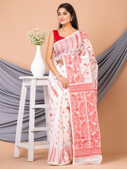 LAA CALCUTTA - White & Red Pure Cotton Ethnic Motifs Jamdani Saree without Blouse