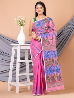 LAA CALCUTTA - Pink & Multi Pure Cotton Ethnic Motifs Jamdani Saree without Blouse