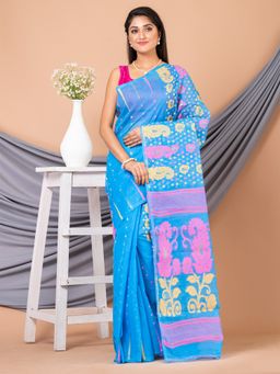 LAA CALCUTTA - Royal Blue & Multi Pure Cotton Floral Design Jamdani Saree without Blouse
