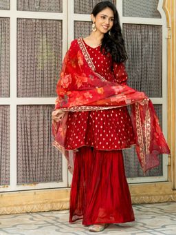 HOUSE OF JAMOTI - Maroon Chanderi Anarkali Kurta with Sharara and Dupatta (Set of 3)