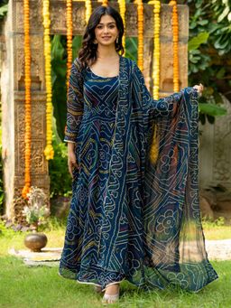 HOUSE OF JAMOTI - Vintage Blue Bandhej Anarkali Kurta with Pant and Dupatta (Set of 3)