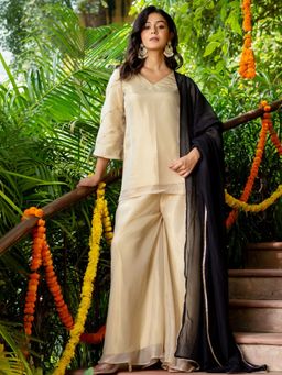 HOUSE OF JAMOTI - Frost White Tissue Kurta with Palazzo and Dupatta (Set of 3)