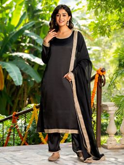 HOUSE OF JAMOTI - Slate Black Satin Kurta with Pant and Dupatta (Set of 3)