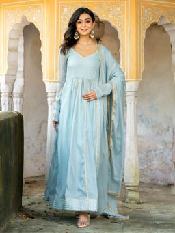 HOUSE OF JAMOTI - Krystle Aqua Anarkali Kurta with Pant and Dupatta (Set of 3)