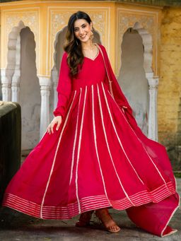 HOUSE OF JAMOTI - Rose Pink Anarkali Kurta with Pant and Dupatta (Set of 3)