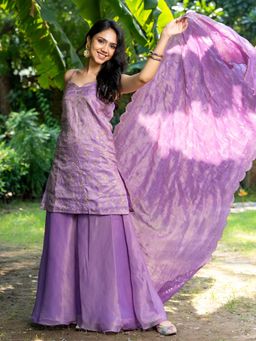 HOUSE OF JAMOTI - Embroidered Tissue Kurta with Palazzo and Dupatta (Set of 3)