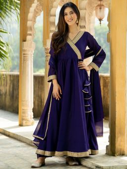 HOUSE OF JAMOTI - Purple Angrakha Kurta with Pant and Dupatta (Set of 3)
