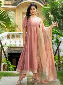 HOUSE OF JAMOTI - Pastel Peach Tissue Anarkali Kurta with Pant and Dupatta (Set of 3)
