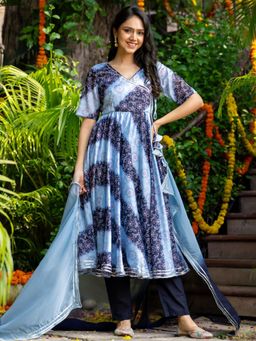 HOUSE OF JAMOTI - Lapis Blue Bandhej Angrakha Kurta with Pant and Dupatta (Set of 3)