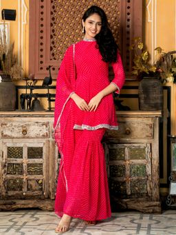 HOUSE OF JAMOTI - Diva Pink Bandhani Kurta with Sharara and Dupatta (Set of 3)