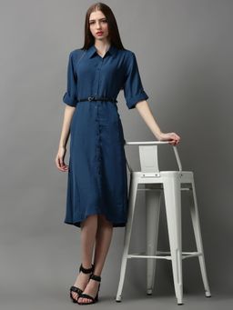 SHOWOFF - Womens Shirt Collar Solid Teal Midi Dress (Set of 2)