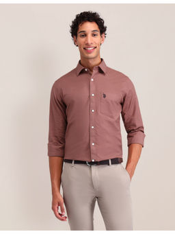 U.S. POLO ASSN. - Men Solid Pink Full Sleeves Collar Neck Shirt