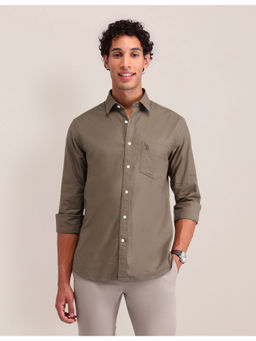U.S. POLO ASSN. - Men Solid Brown Full Sleeves Collar Neck Shirt