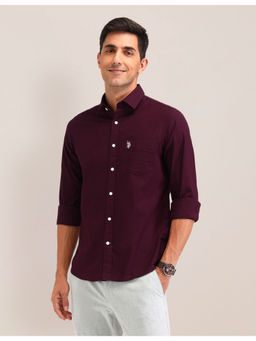 U.S. POLO ASSN. - Men Solid Wine Full Sleeves Collar Neck Shirt