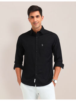 U.S. POLO ASSN. - Men Solid Black Full Sleeves Collar Neck Shirt