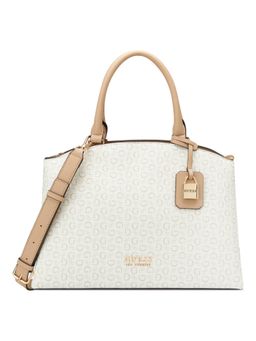 Guess - Women White Monogram Easley Satchel Bag With Detachable Strap