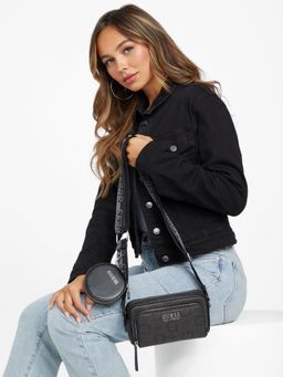 Guess - Women Coal Monogram Durfee Mini Top Zip Sling Bag With Pouch