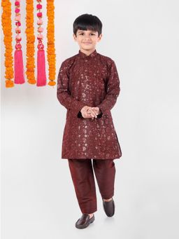 Pehanaava - Boys sequence Ethnic Festive & Party Cotton Kurta Pyjama Wine (Set of 2)