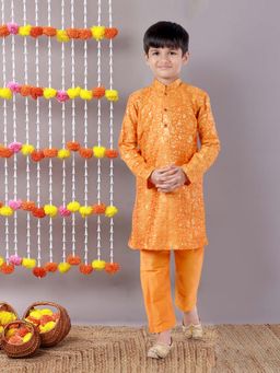 Pehanaava - Boys sequence Ethnic Festive & Party Cotton Kurta Pyjama Yellow (Set of 2)