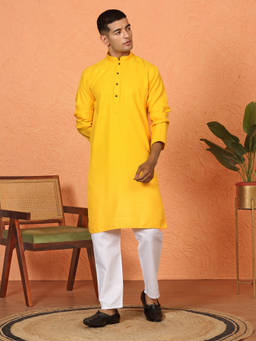 Kraft India - Chikan Embroidered Cotton Rayon Yellow Kurta