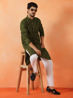 Kraft India - Cotton Silk Sequenced Thread Work Olive Green Festive Kurta