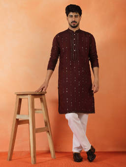 Kraft India - Cotton Silk Sequenced and Embroidered Maroon Festive Kurta