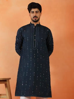 Kraft India - Cotton Silk Sequenced and Embroidered Navy Blue Festive Kurta
