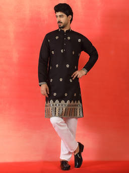 Kraft India - Cotton Silk Floral Embroidered Black Festive Kurta