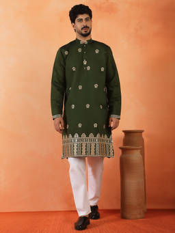 Kraft India - Cotton Silk Floral Embroidered Green Festive Kurta