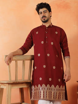 Kraft India - Cotton Silk Floral Embroidered Maroon Festive Kurta